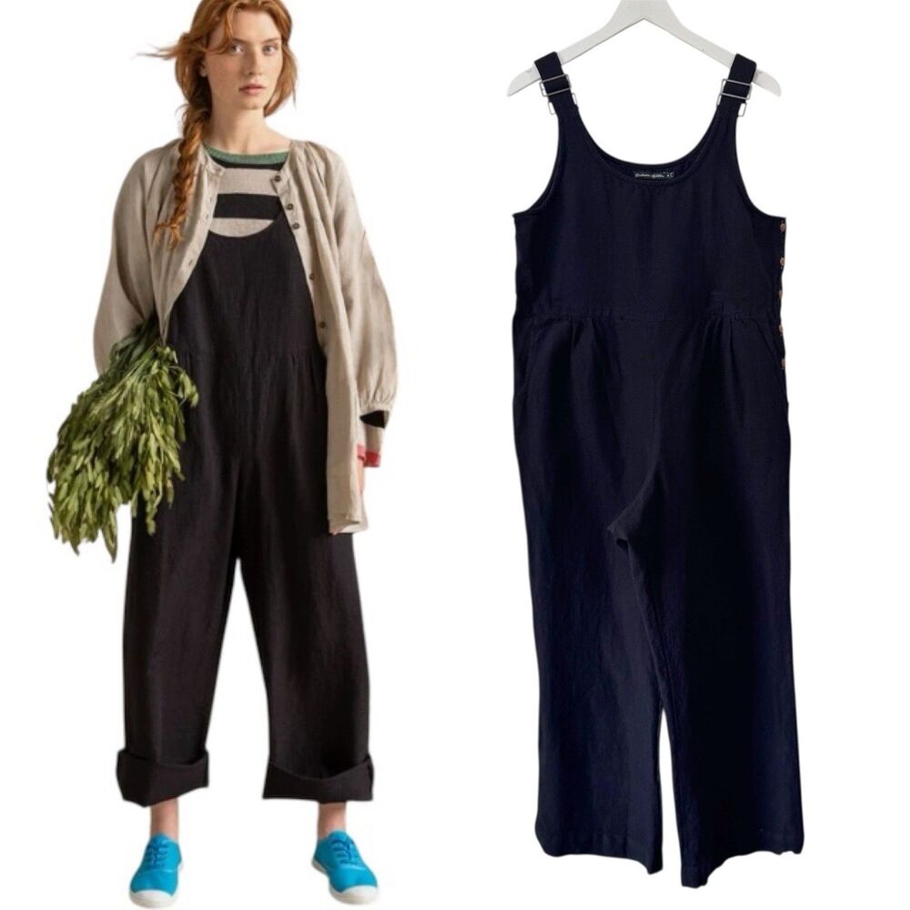 Gudrun Sjoden Harvest Dungaree Jumpsuit Overall Black Linen Organic Cotton Med